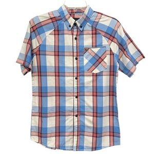 Hurley Large Blue Red Plaid Cotton Short Sleeve Button Up Shirt